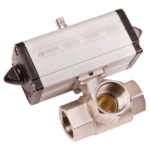 Brass Ball Valves, 3 Way L Port Pneumatic Actuation, Low Pressure, Omal - Double Acting, BSPP