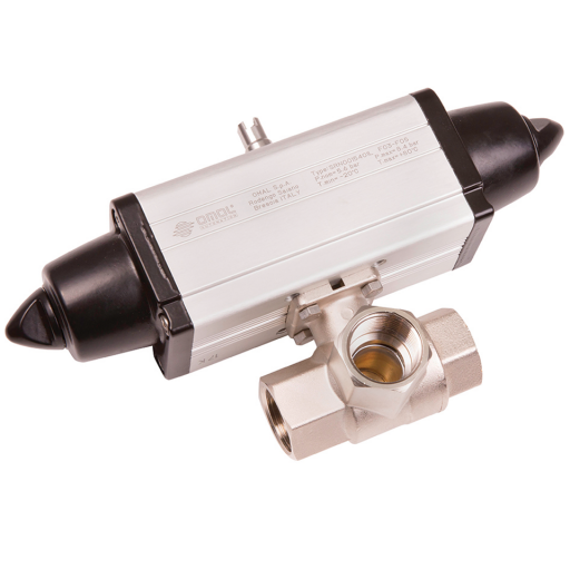 Brass Ball Valves, 3 Way L Port Pneumatic Actuation, Low Pressure, Omal - Single Acting, BSPP