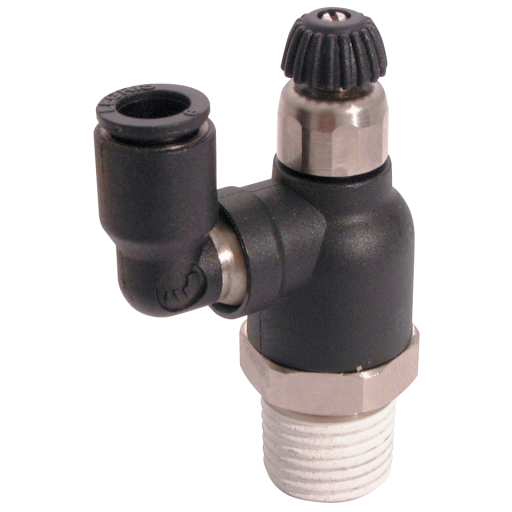 Compact Swivel 90° Manual Flow Controllers, Parker Legris - Uni-Directional to suit Cylinders, BSPP Male x Tube