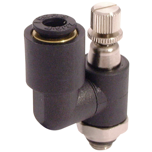 Miniature Swivel Outlet 90° Manual Flow Controllers, Parker Legris - Uni-Directional to suit Valves, BSPP & Metric Male x Tube