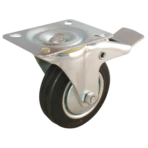 LSV Series Swivel Plate Fitting Castors - Black Rubber Tyre, with Brake