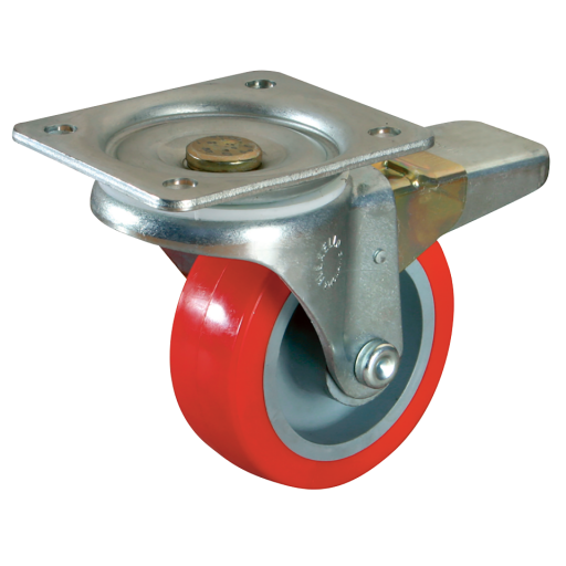 22 Series Swivel Plate Fitting Castors - Polyurethane Tyre with Bearing, with Total Stop Brake