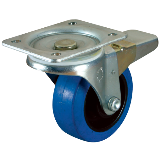 22 Series Swivel Plate Fitting Castors - Elastic Rubber Tyre with Bearing, with Total Stop Brake