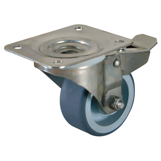 Stainless Steel Swivel Plate Fitting Castors - Polyurethane Tyre with Bearing, with Total Stop Brake