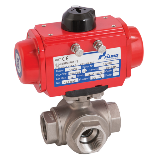 Pneumatic Actuated Stainless Steel 3 Way Valves, Prisma - Double Acting, L Ported, BSPP