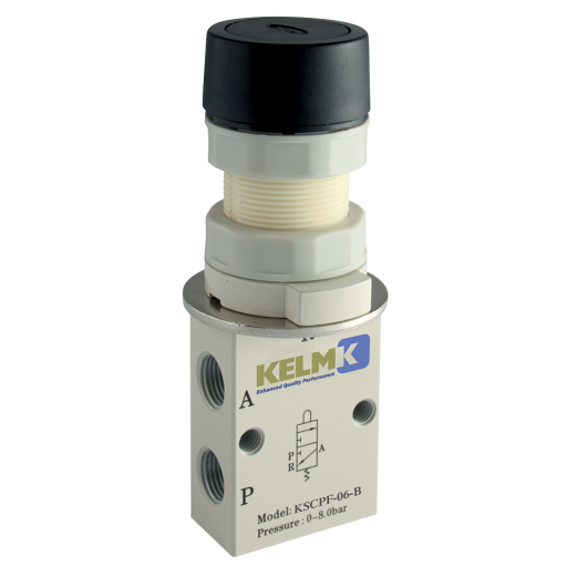 In-Line Manual 3/2 Way Valves, KELM - Push Button (Shrouded)