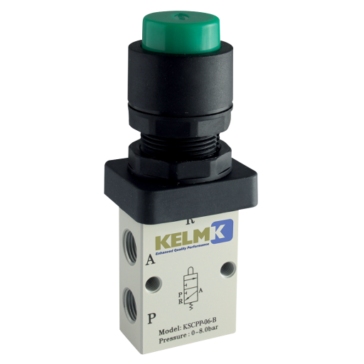 In-Line Manual 3/2 Way Valves, KELM - Push Button (External)