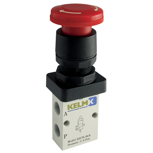 In-Line Manual 3/2 Way Valves, KELM - Palm Button, Latching