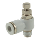 90° Manual Flow Controllers, KELM - BSPT & Metric x Tube, Uni-Directional to suit Cylinders