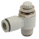 90° Flow Controller Elbows, KELM - Metric & BSPP x Tube, Meter Out