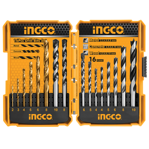 Drill Accessories, Ingco - Metal, Wood & Masonry Drill Bit Set, 16 Pieces