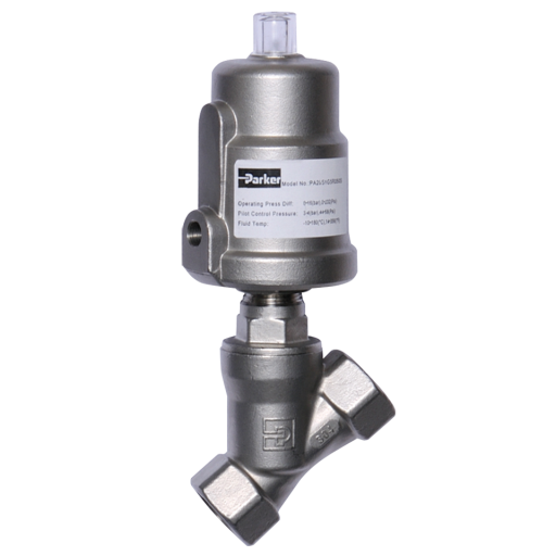 Angle Seat Valves, Parker - Anti Water Hammer Construction, Flow Under Seat, 304 Stainless Steel Actuator, 316L Stainless Steel Body, Normally Closed, BSPP