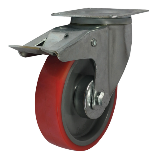 MSV Series Swivel Plate Fitting Castors - Red Polyurethane Tyre/Nylon Centre, with Brake