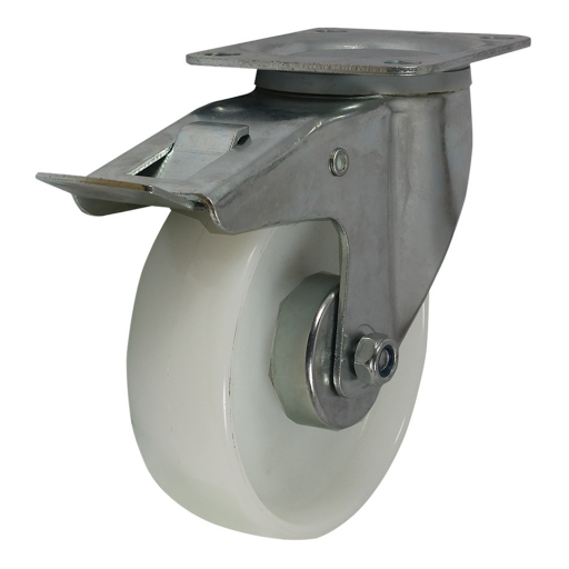 MSV Series Swivel Plate Fitting Castors - White Nylon Tyre, with Brake