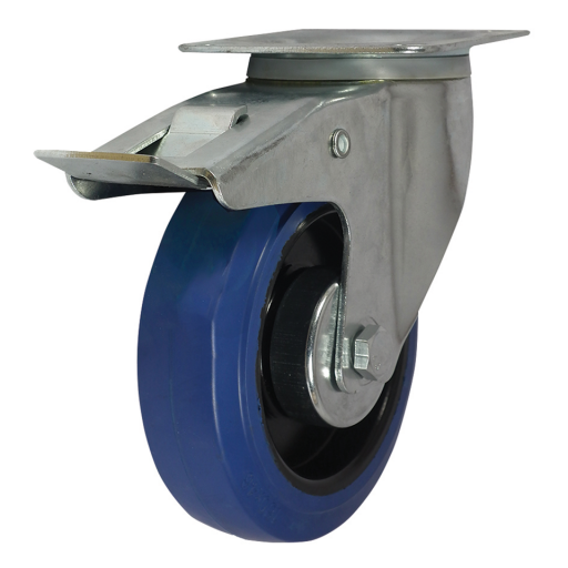 MSV Series Swivel Plate Fitting Castors - Blue Rubber Tyre, with Brake