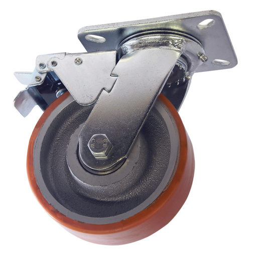 MG Series Heavy Duty Swivel Plate Fitting Castors - Polyurethane Tyre/Cast Iron Centre, with Brake