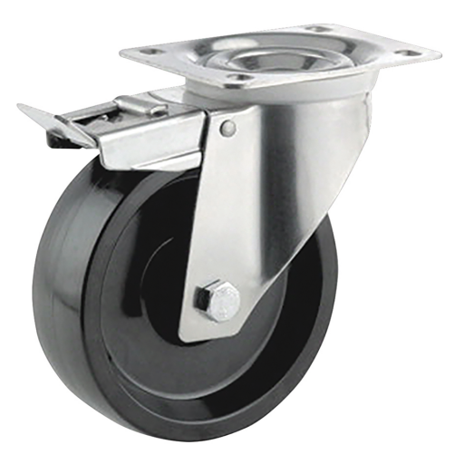 High Temperature Swivel Plate Fitting Castors - Black Phenolic Resin Tyre, with Brake